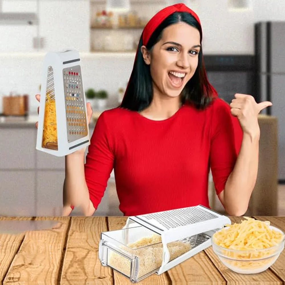 Stainless steel cheese grater with storage container, featuring two sides for vegetables, ginger, and potatoes, by shoppikala.