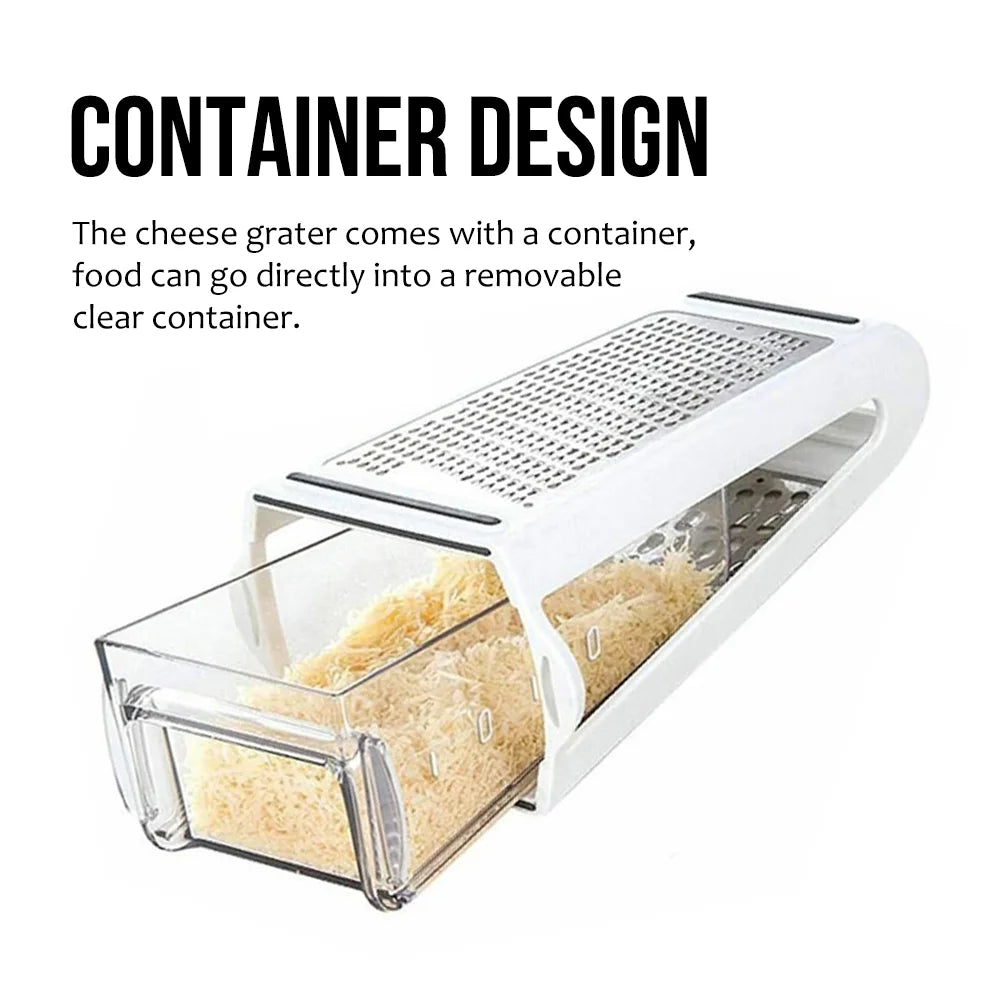 Stainless steel cheese grater with storage container and two-sided design for vegetables, ginger, and potatoes in a kitchen accessory.