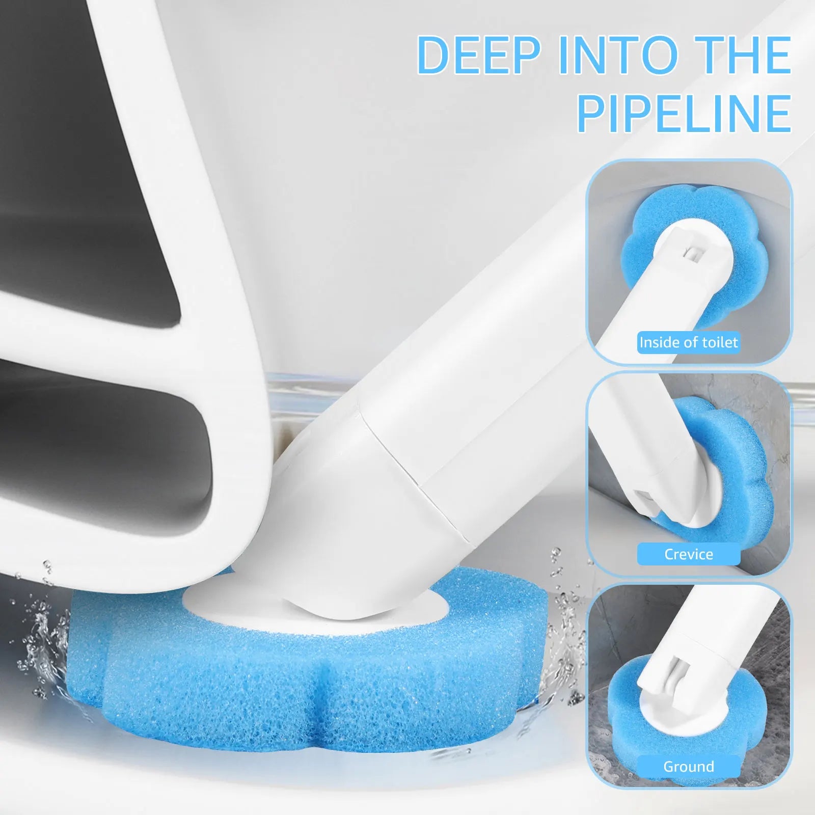 Disposable toilet brush with long handle and replacement heads from shoppikala, showing the brush and replacement head attachments.