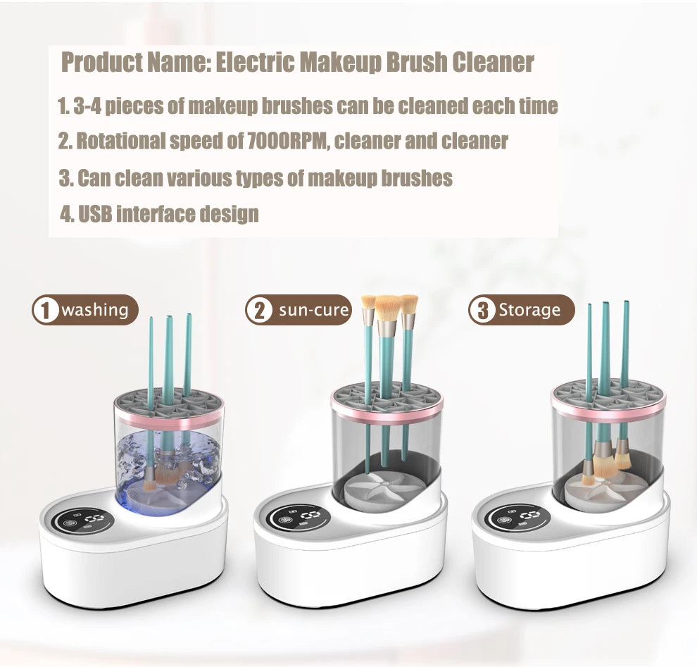 Shoppikala 3-in-1 USB electric makeup brush cleaner machine with rotating brushes and digital display for easy cleaning.