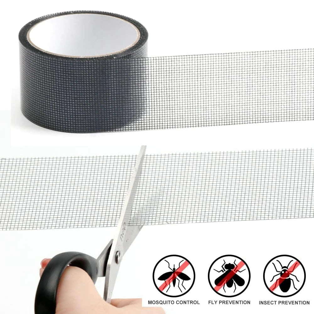 Shoppikala window screen repair tape with strong adhesive mesh patch applied to a damaged screen for easy fixing.