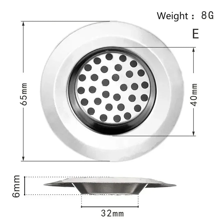Stainless steel kitchen sink strainer with mesh filter for bathroom and shower drain to trap hair and debris.