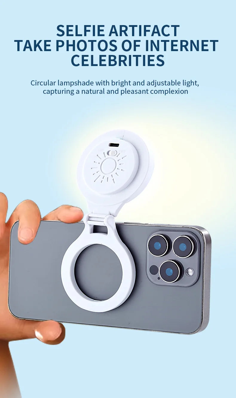 Shoppikala portable magnetic selfie fill light attached to a smartphone, rechargeable for selfies, TikTok, and live streaming.