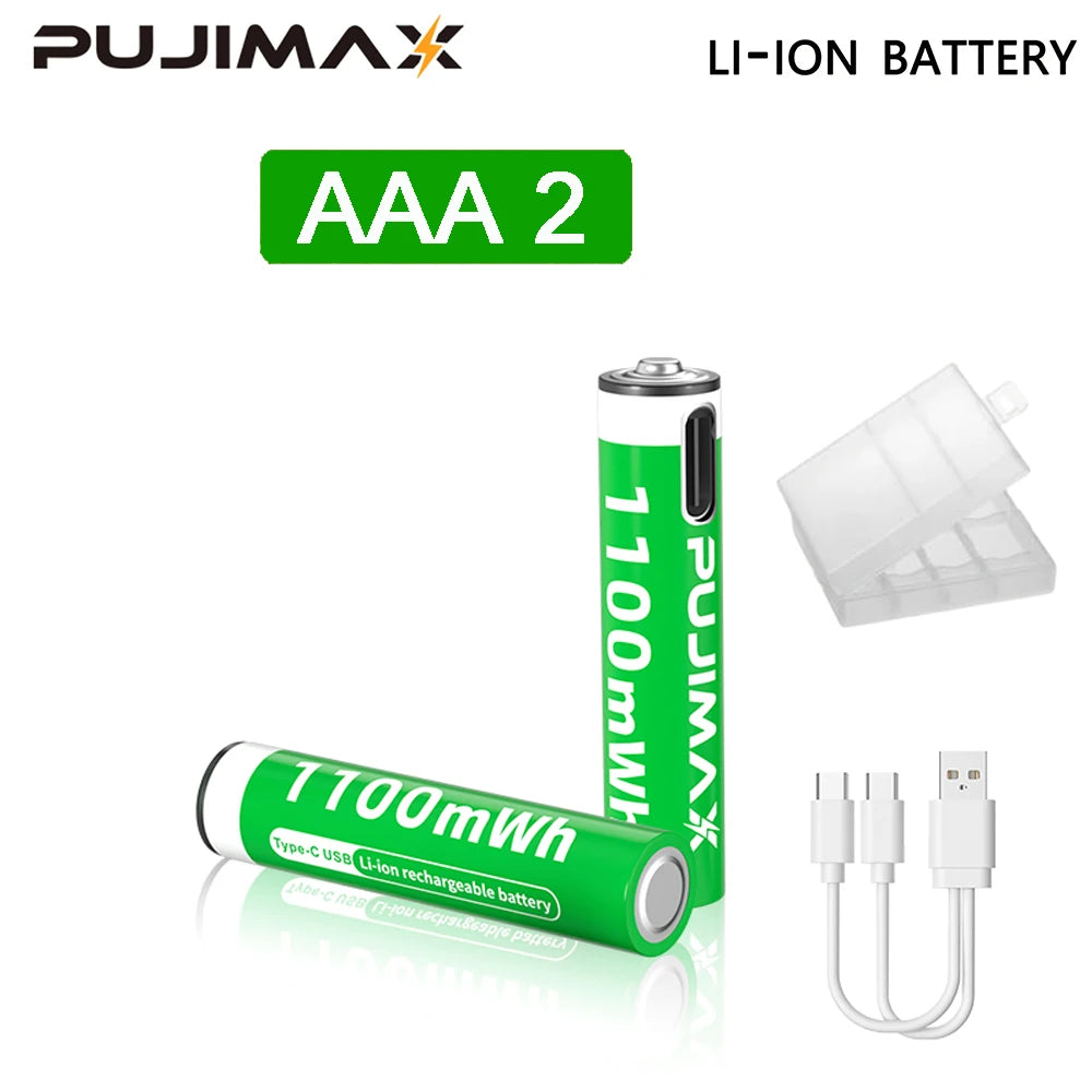 Shoppikala PUJIMAX rechargeable AAA/AA lithium-ion battery with USB-C port, ideal for remote controls and electric toys.