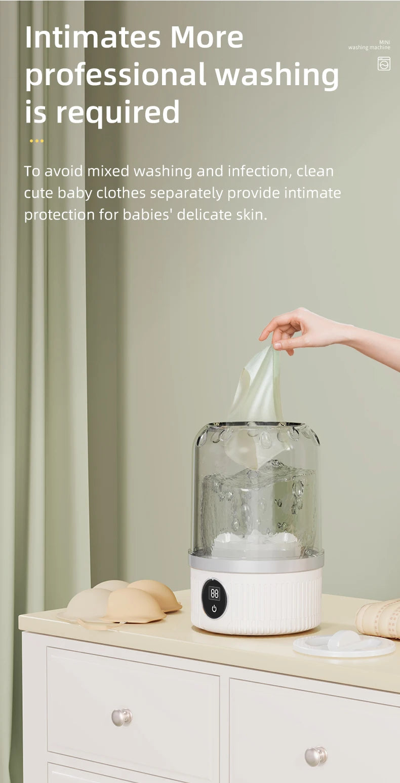 Shoppikala mini electric washing cup for underwear, socks, and pet clothes with wireless charging feature. Compact household laundry device.