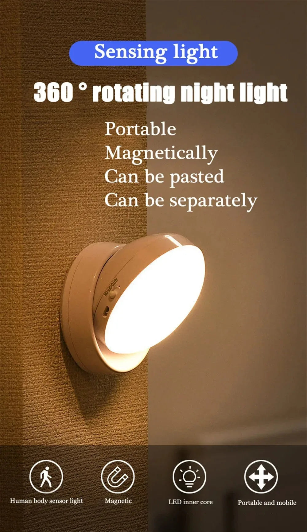 Wireless rechargeable LED night lamp with motion sensor, 360° rotating magnetic design for bedside, kitchen, or room lighting by Shoppikala