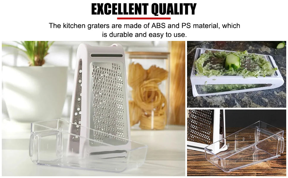 Shoppikala stainless steel cheese grater with storage container, two-sided box grater for vegetables, ginger, and potatoes in kitchen use.