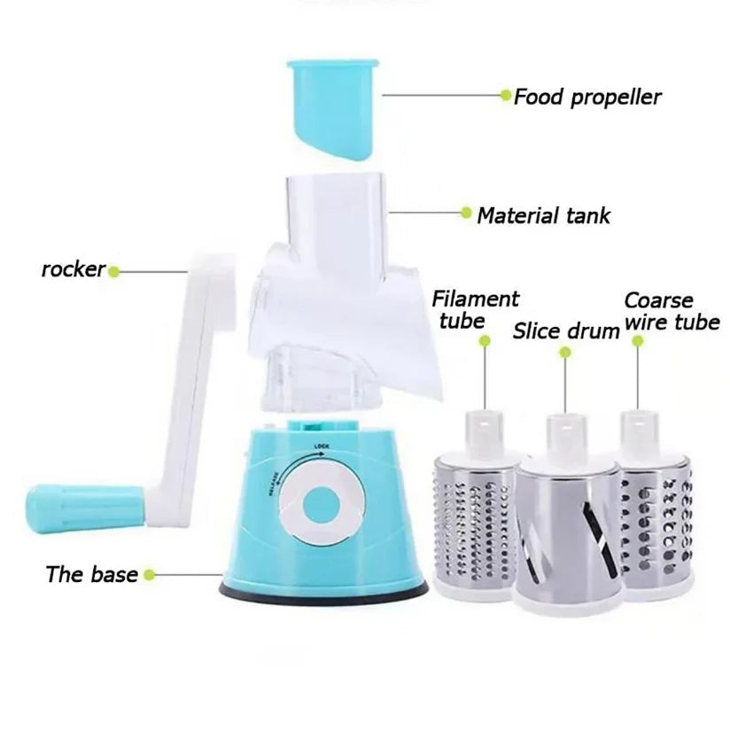 Shoppikala multifunctional vegetable slicer and shredder with three sharp drums, manual hand-operated chopper for cheese, peanuts, and cookies.