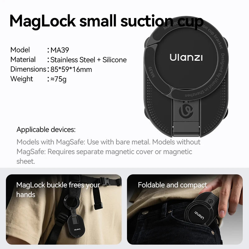 Ulanzi MA39 magnetic smartphone desktop stand with suction cup holding iPhone on glass or laptop surface, black aluminum mini stand