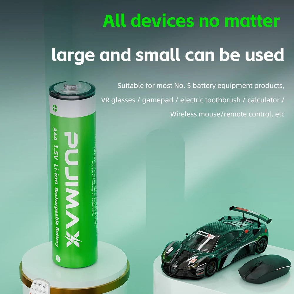 Shoppikala PUJIMAX rechargeable AAA/AA lithium-ion battery with USB-C port, for remote controls and electric toys.