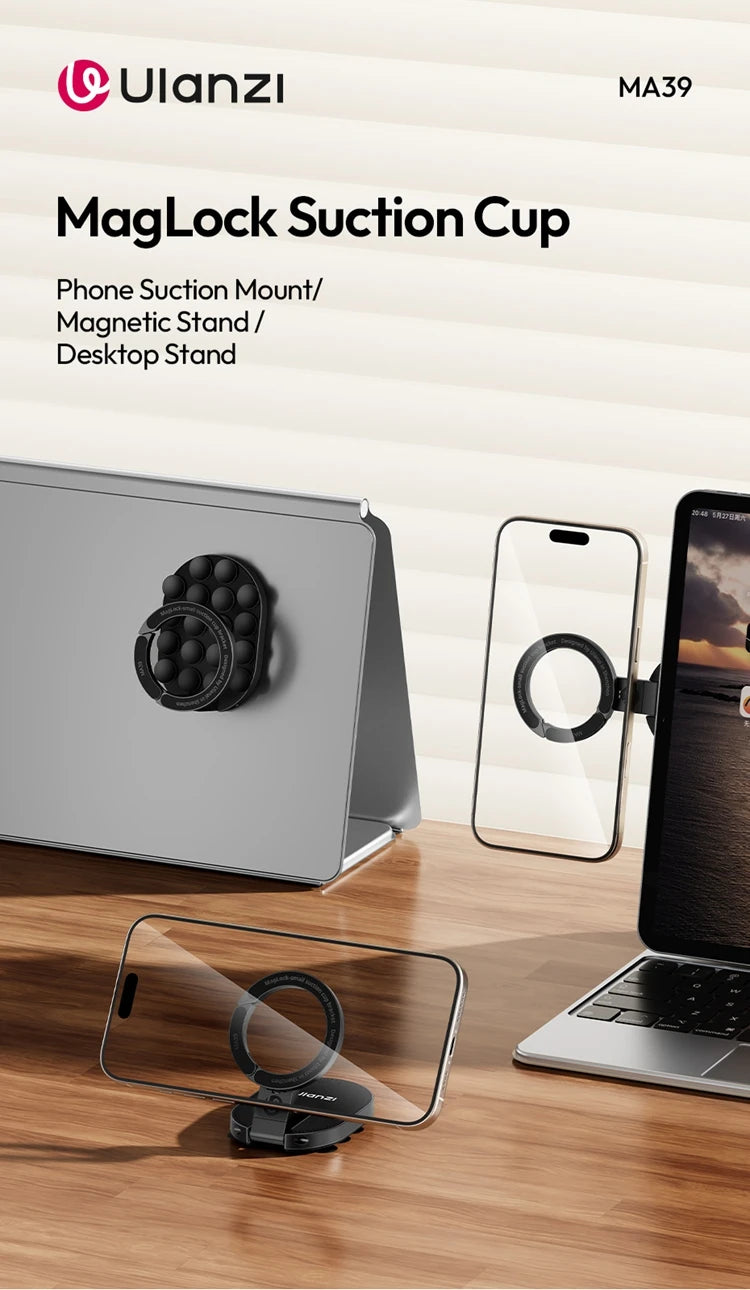 Ulanzi MA39 magnetic smartphone desktop stand with suction cup supporting iPhone on glass window or laptop, made of aluminum.