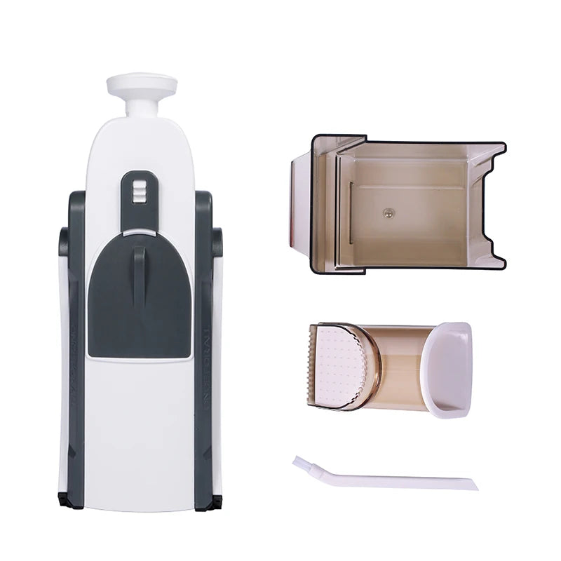Shoppikala manual slicer and mandoline with adjustable blades for vegetables, fruits, and potatoes in a kitchen setting.