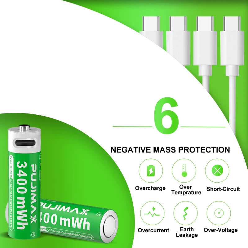 Shoppikala PUJIMAX rechargeable AAA/AA lithium-ion battery with USB-C port, ideal for remote controls and electric toys.