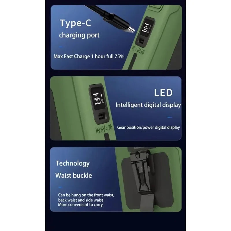 Shoppikala 10,000mAh wearable waist fan with 5 speeds, light, and hands-free design for outdoor cooling and travel use.