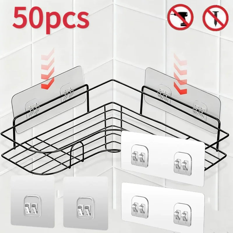 Shoppikala adhesive shower caddy hook with soap dish holder, bathroom and kitchen strip storage shelf, wall-mounted for organization.
