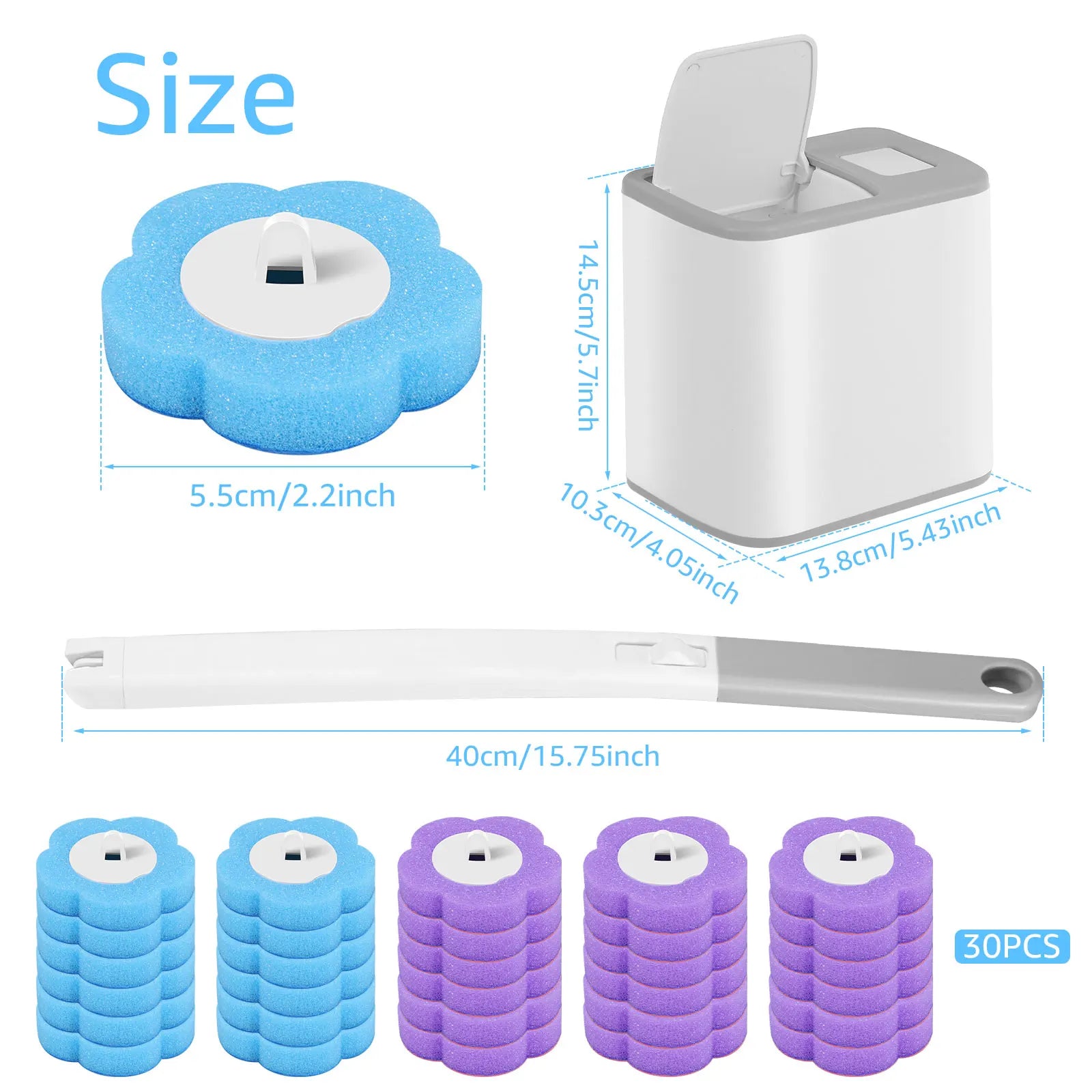 Disposable toilet brush with long handle and replacement heads from shoppikala, featuring a sturdy design for cleaning toilets.