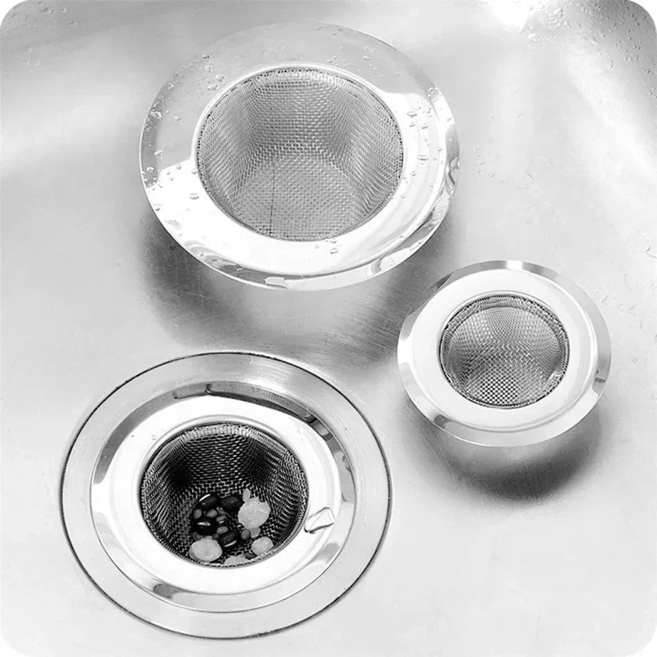 Stainless steel kitchen sink strainer with sewer mesh filter for bathroom and shower drains, designed to catch hair and debris.
