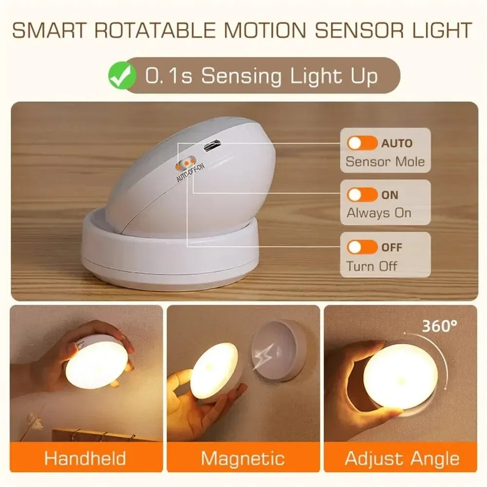 Rechargeable wireless LED night lamp with motion sensor, 360° rotating magnetic design for kitchen, room, or bedside table by Shoppikala.