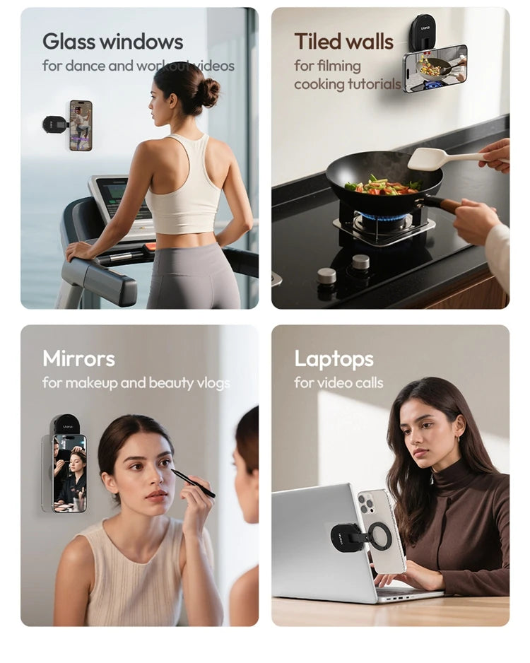 Ulanzi MA39 magnetic smartphone desktop stand with suction cup holding an iPhone, made of aluminum, on glass surface.