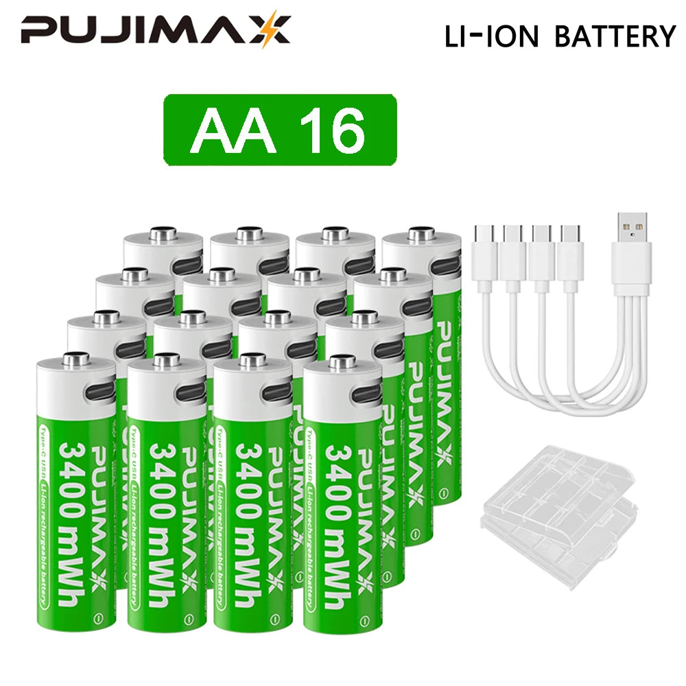 Shoppikala PUJIMAX rechargeable AAA/AA lithium-ion battery with USB-C port, 3400mWh capacity for remote controls and electric toys