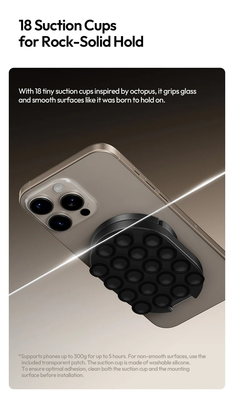 Shoppikala Ulanzi MA39 magnetic smartphone desktop stand with suction cup holding an iPhone on a glass window.