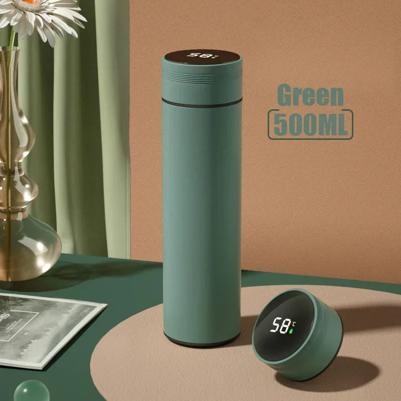 Stainless steel 500ML temperature display thermos cup with divided sections, vacuum insulated for outdoor use by shoppikala.