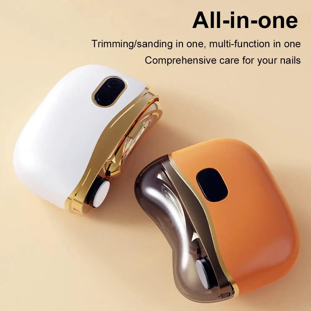 Shoppikala 2-in-1 electric nail tool with USB charging, featuring nail clipper and polisher for adults and kids, rechargeable device.