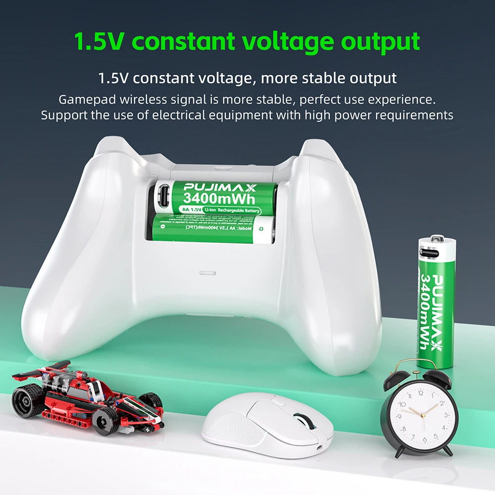 Shoppikala PUJIMAX rechargeable AAA/AA lithium-ion battery with USB-C port, 3400mWh capacity, suitable for remote controls and electric toys.