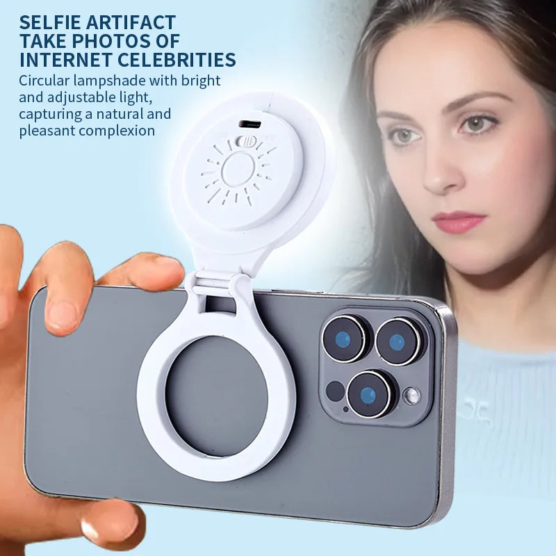 Shoppikala portable magnetic selfie fill light attached to a smartphone, ideal for selfies, TikTok videos, and live streaming.