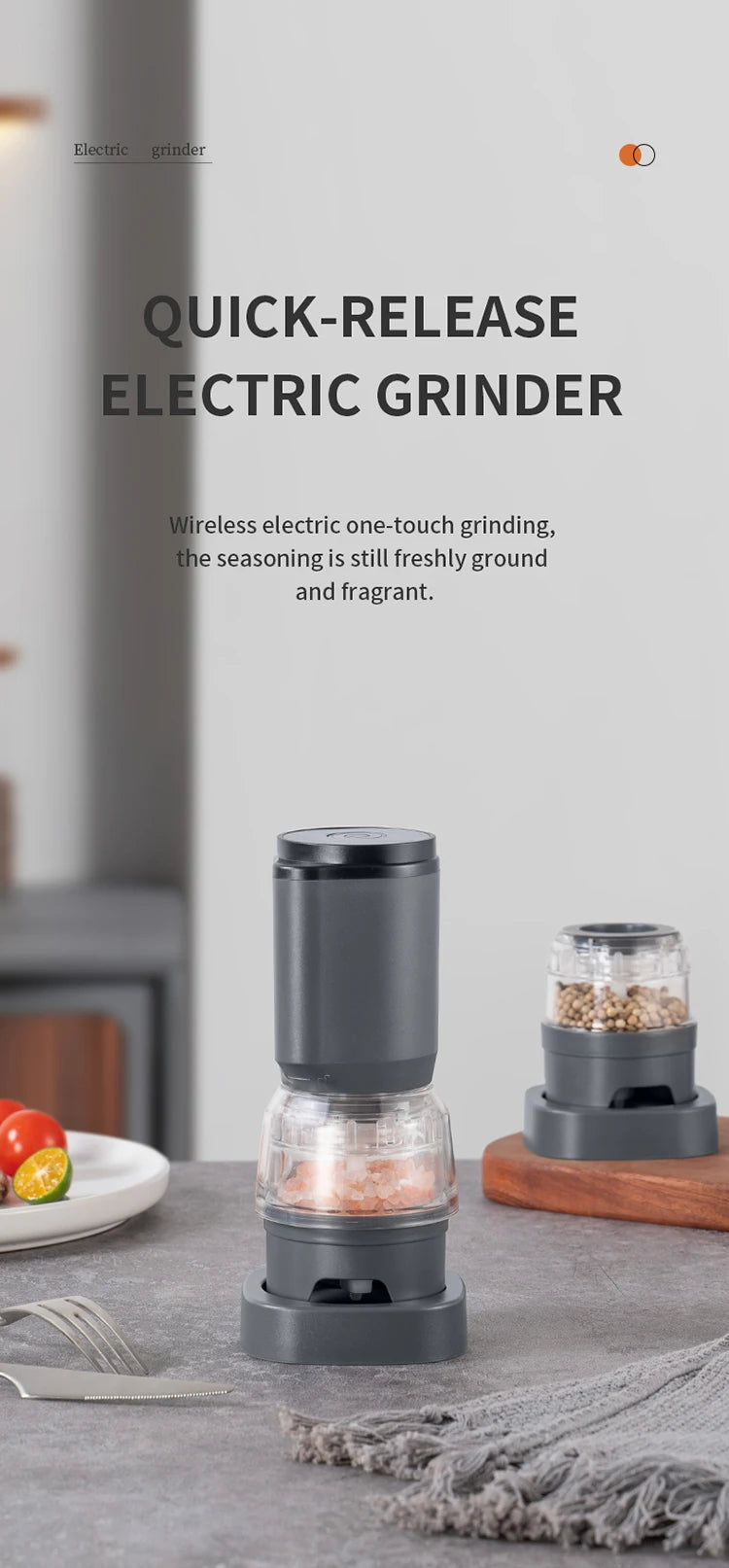 Shoppikala rechargeable electric pepper grinder set with adjustable coarseness and one-handed operation, shown on a kitchen counter.