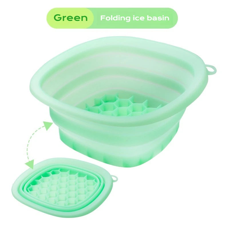 Shoppikala collapsible silicone face ice bath tray for cold therapy, portable cryo skin tool for reducing facial puffiness.