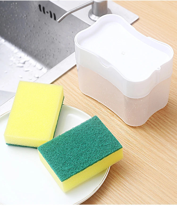 Shoppikala automatic soap dispenser bottle for liquid dish soap, 380ml, with manual pump and kitchen sponge holder in sleek design.