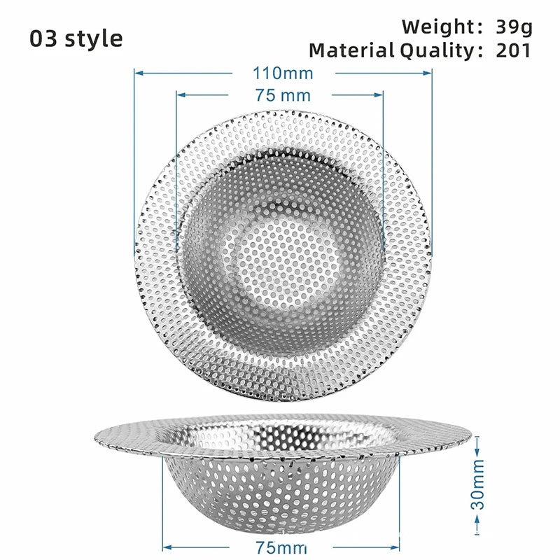 Stainless steel kitchen sink strainer with mesh filter for bathroom and shower drains, preventing hair and debris from clogging.