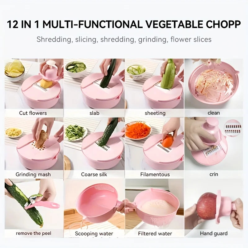 Shoppikala 12-in-1 vegetable chopper and slicer with various blades for cutting, shredding, and grating carrots in commercial kitchens.