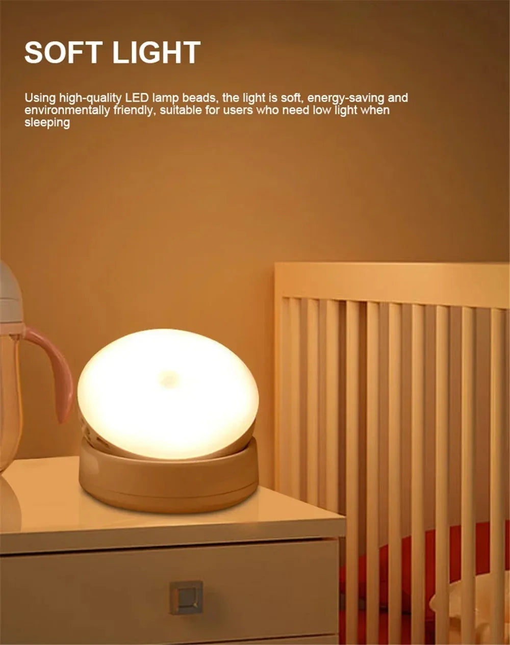 Wireless rechargeable LED night lamp with motion sensor, 360° rotating magnetic design for kitchen, room, or bedside table by Shoppikala.