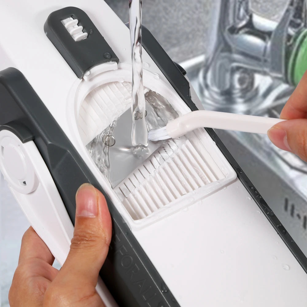 Shoppikala manual slicer with adjustable mandoline blade for vegetables, fruits, and potatoes in a kitchen setting.