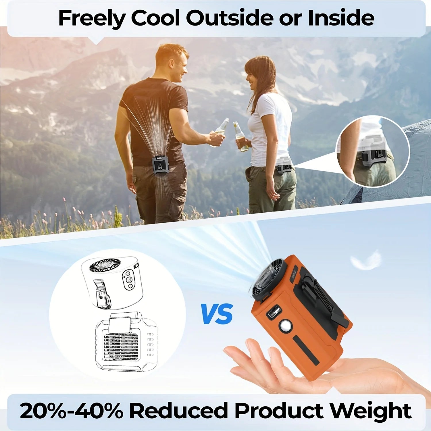 Shoppikala 10000mAh wearable waist fan with 5 speeds, LED light, and hands-free cooling ideal for outdoor work and travel.