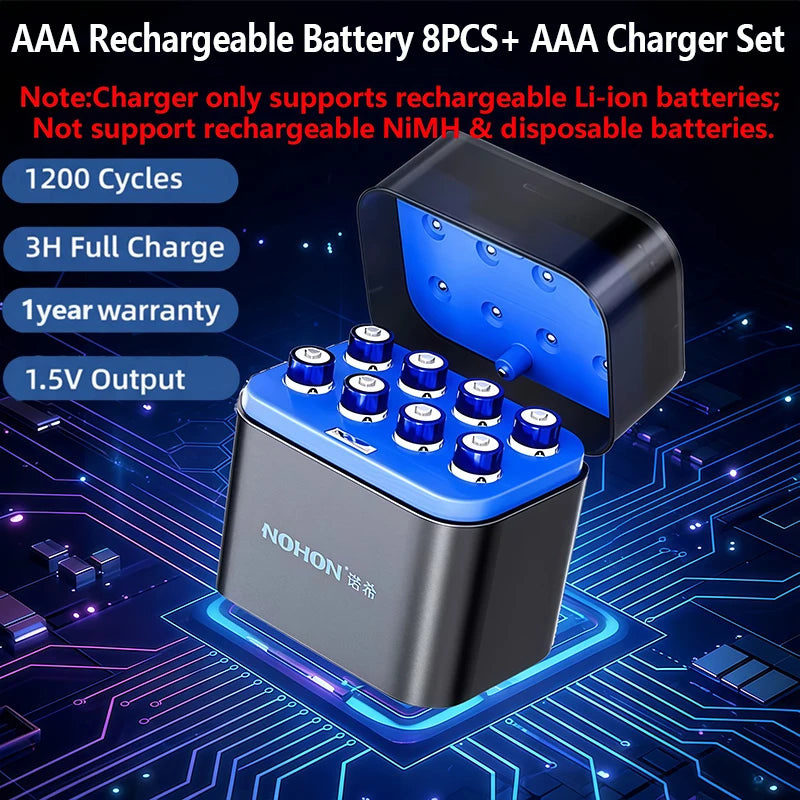 Shoppikala NOHON rechargeable lithium AA 3600mWh and AAA 1300mWh batteries for remote controls and devices.