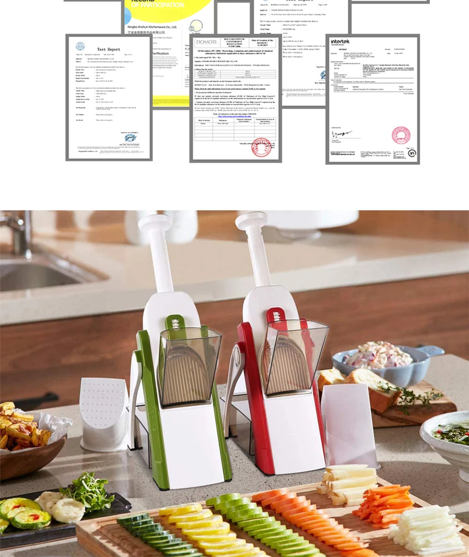 Shoppikala manual slicer with adjustable mandoline for vegetables, fruits, and potatoes, featuring multiple blade options for food chopping.