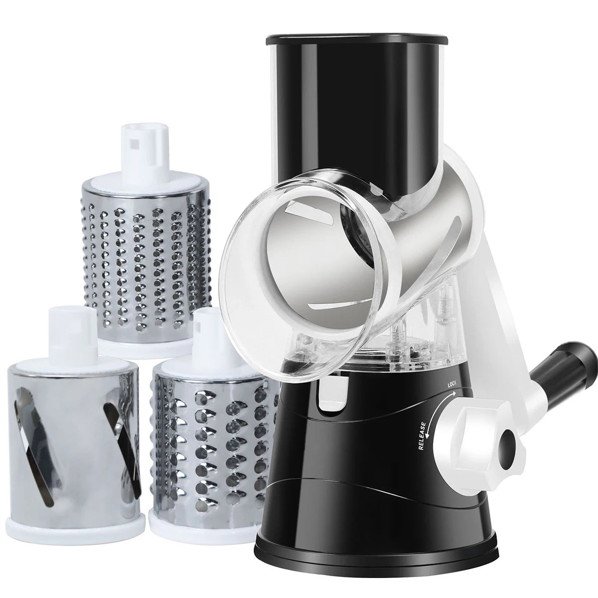 Shoppikala multifunctional vegetable slicer and shredder with three sharp drums for slicing, grating, and chopping vegetables and cheese.