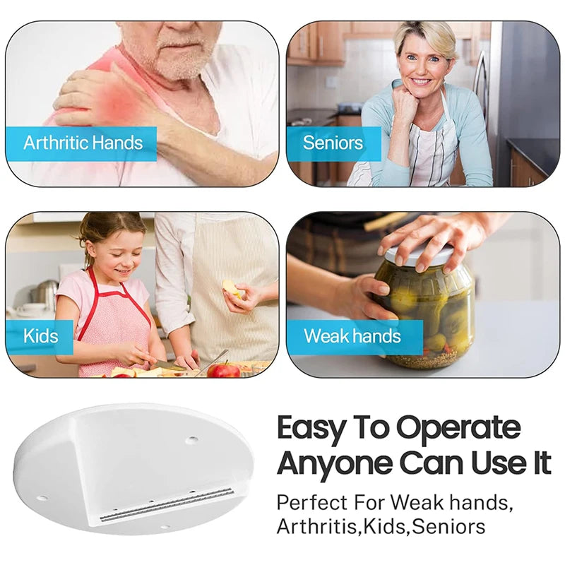 Shoppikala multifunction can opener and jar lid remover kitchen tool on a countertop, showing its sleek design and functional features.