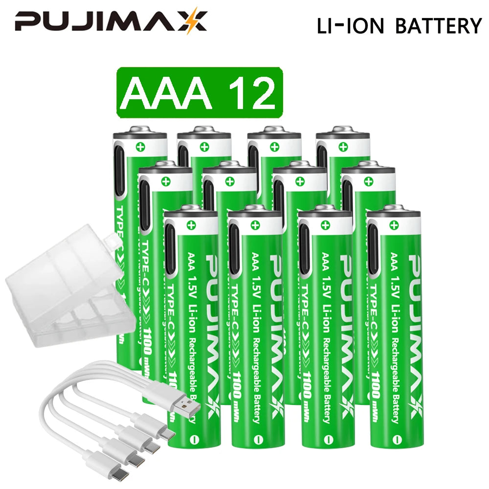 Shoppikala PUJIMAX rechargeable 1.5V AAA/AA lithium-ion battery with USB Type-C port, used for remote controls and electric toys.
