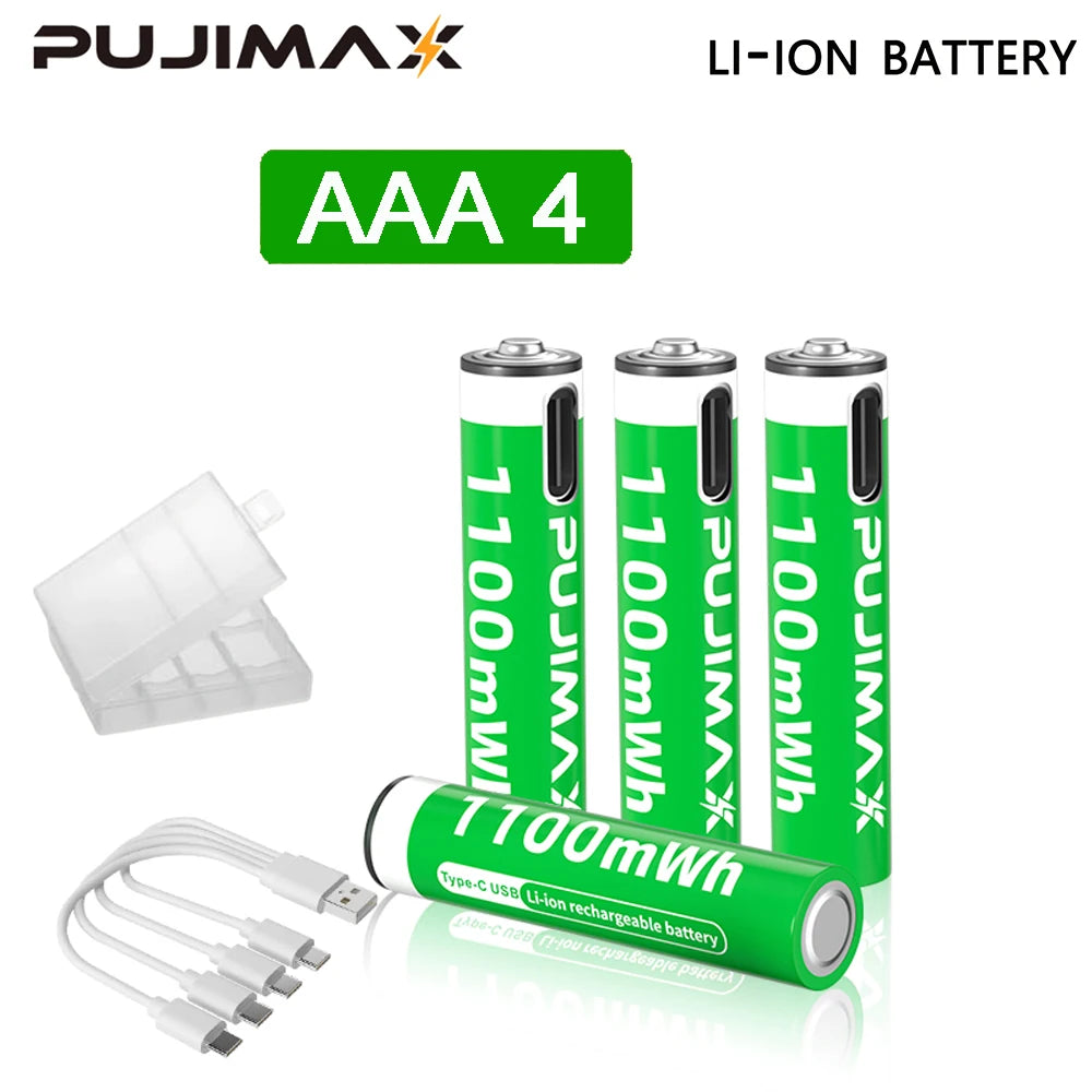 Shoppikala PUJIMAX rechargeable AAA/AA lithium-ion battery with USB-C port, 3400mWh capacity, for remote controls and electronic toys.