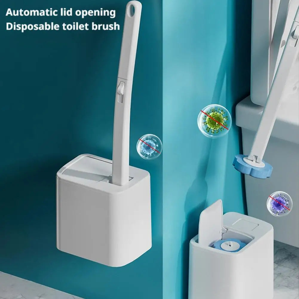 Disposable toilet brush with long handle and replacement heads from shoppikala, shown with brush and spare heads for bathroom cleaning.