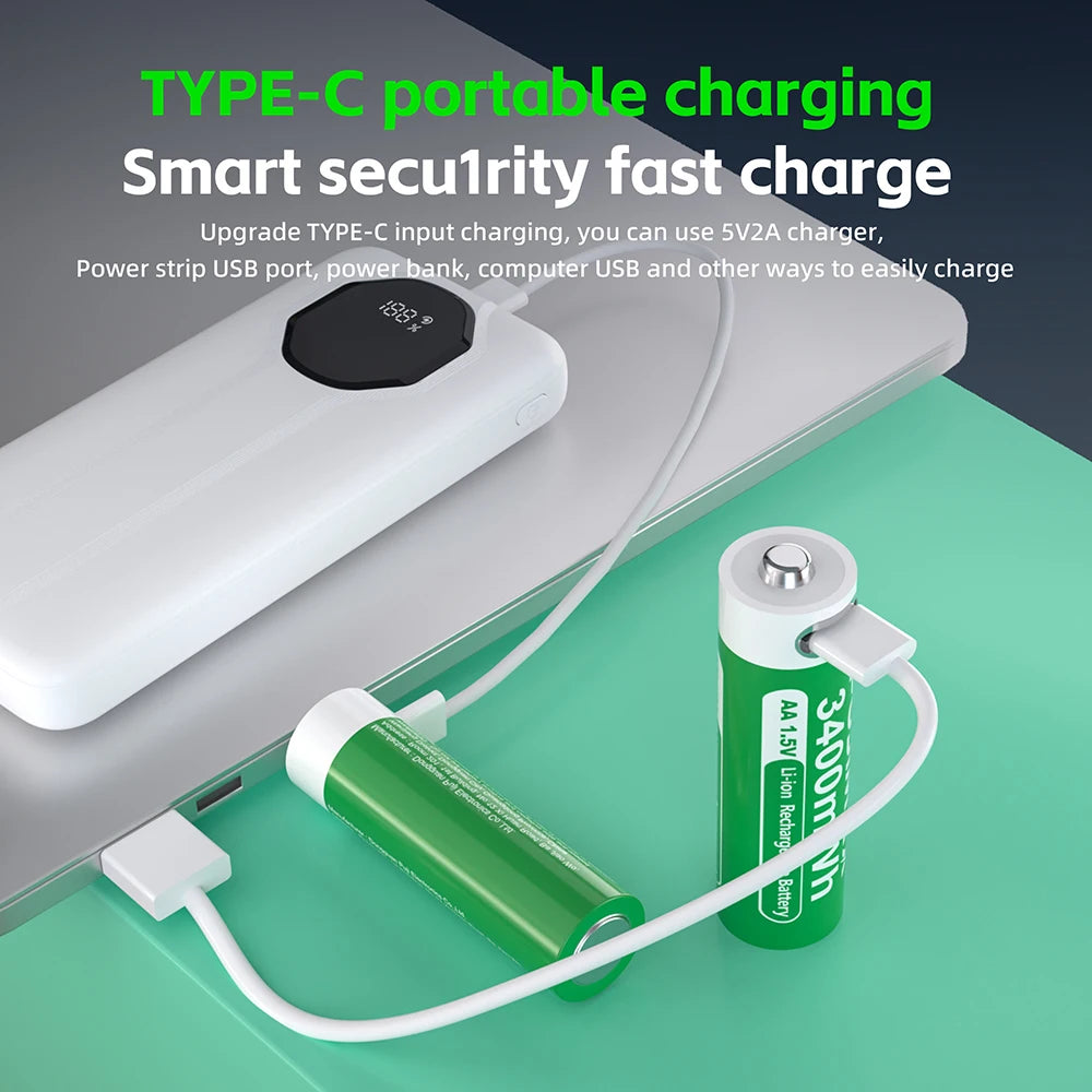 Shoppikala PUJIMAX 1.5V AAA/AA rechargeable lithium-ion battery with USB-C port, suitable for remote controls and electric toys.