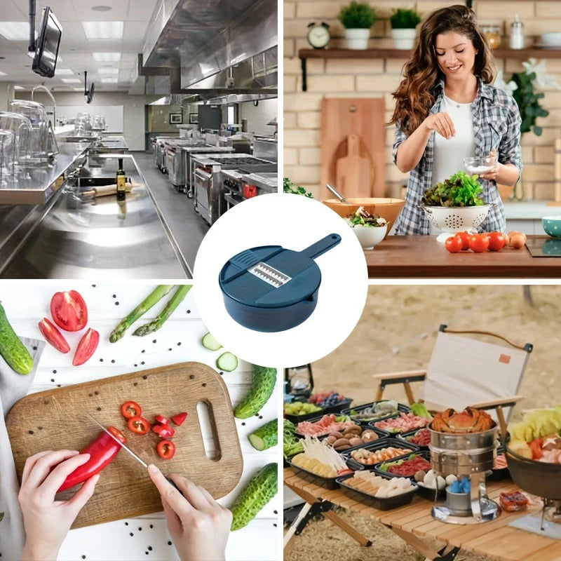 Shoppikala 12-in-1 vegetable chopper and slicer with multiple blades for cutting, shredding, and grating carrots in commercial kitchens.