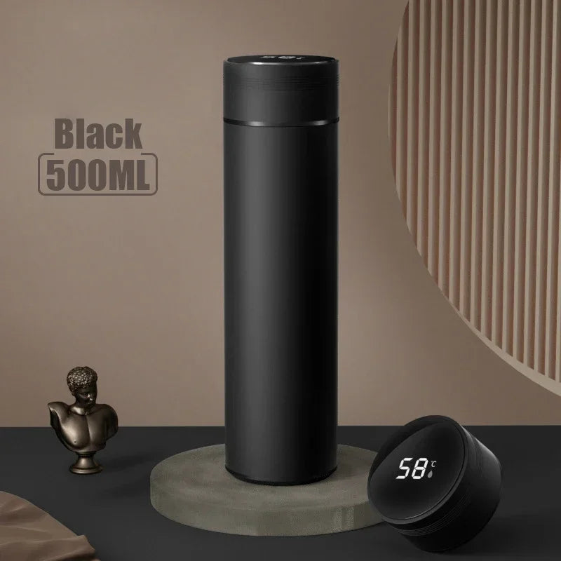 Stainless steel 500ml thermos cup with temperature display and divided sections, outdoor vacuum-insulated design by Shoppikala