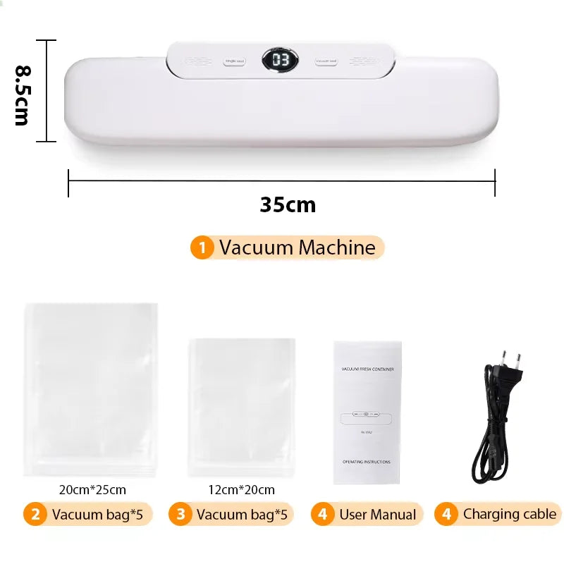 Shoppikala electric food vacuum sealer machine with sealing bags on a kitchen counter, ready to preserve food freshness.