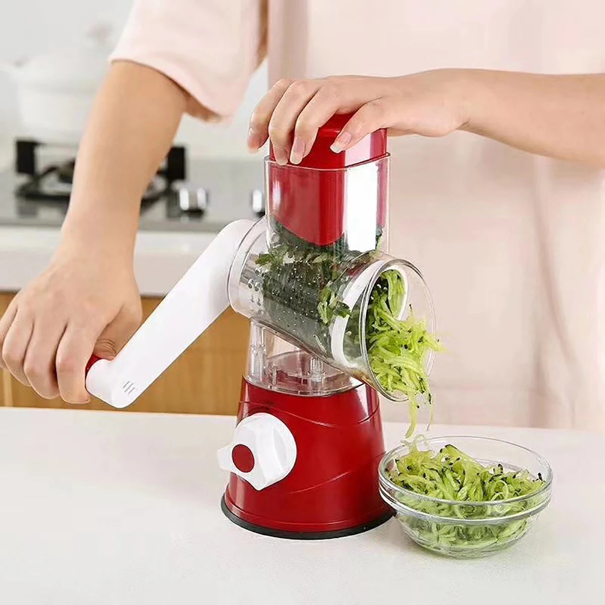 Shoppikala multifunctional vegetable slicer with three sharp drums, manual hand-operated grater and chopper for cheese, peanuts, and cookies.