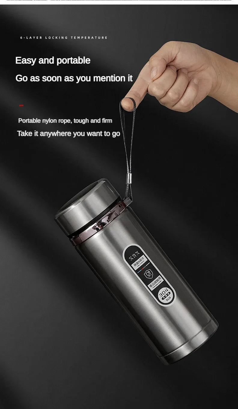 Stainless steel thermos bottle with LED temperature display, 500ml capacity, vacuum flask for tea or water, portable and durable.
